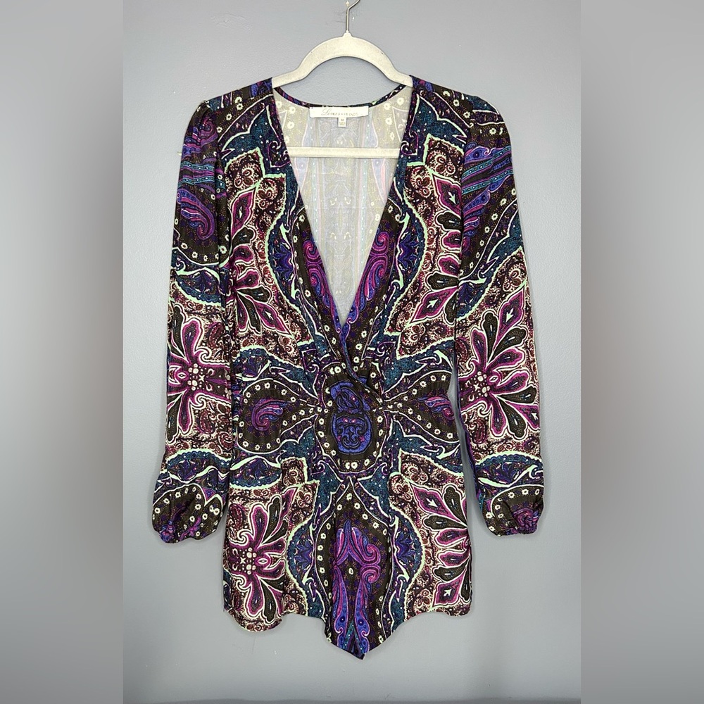 Lovers + Friends Romper Womens M Multicolor Paisley Long Sleeve Deep V Boho Cute